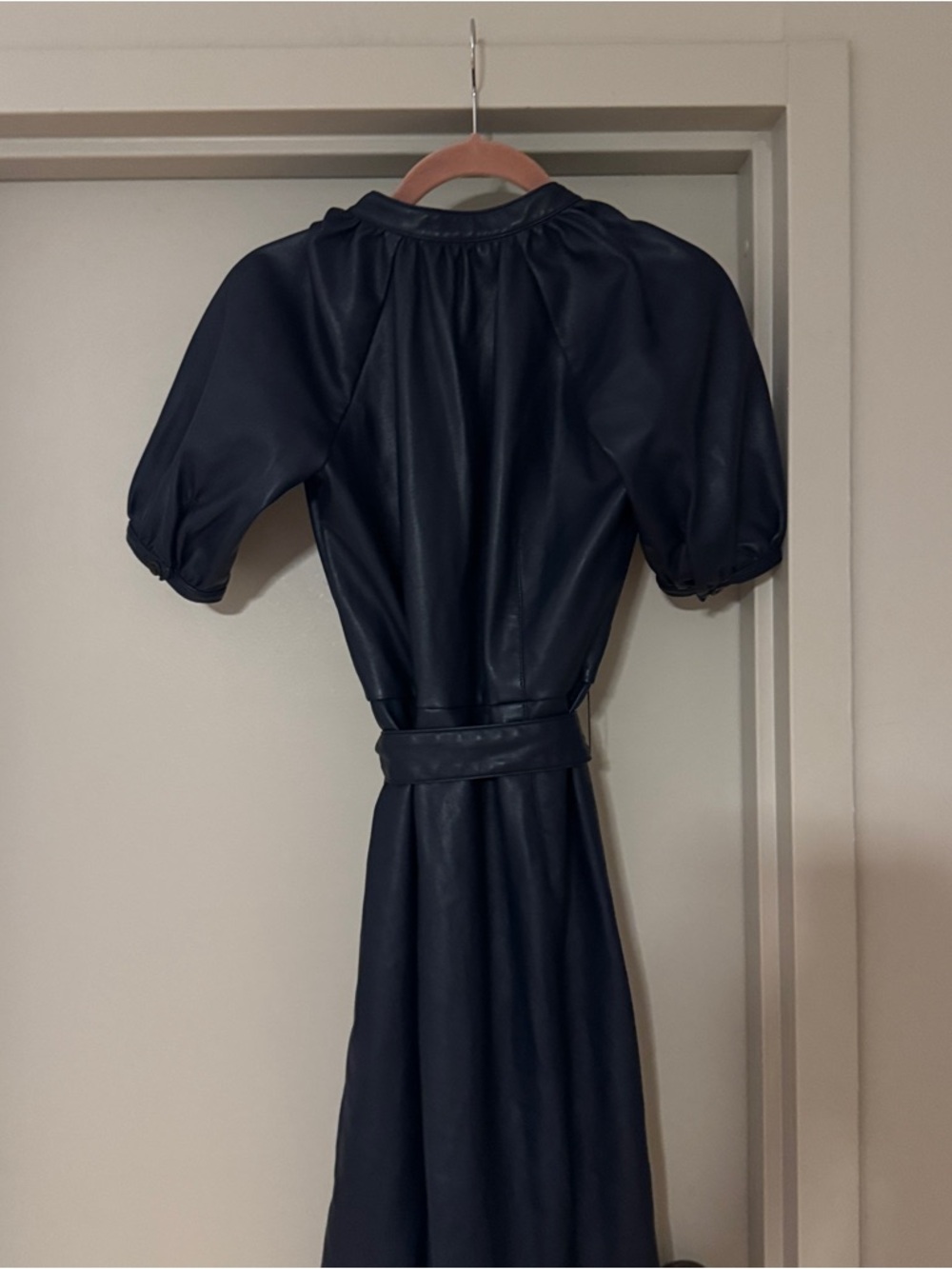 Ann Taylor Navy Button-Front Faux Leather Midi Dress with Tie Belt - Picture 3 of 6